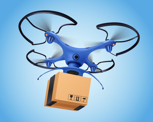 Blaue Logistik Post Drohne realistische Zusammensetzung und erleichtert die Zustellung der Post