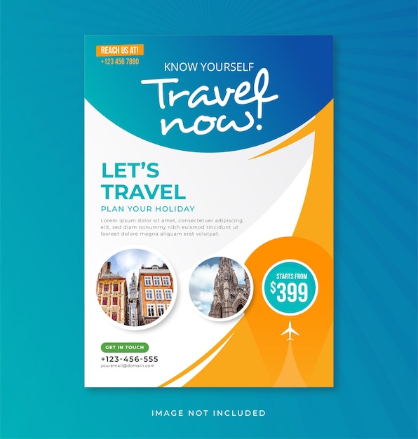 Blaue und orange minimale Reise-Flyer-Vorlage