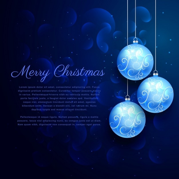 Kostenloser Vektor blauem hintergrund mit glänzenden weihnachtskugeln hängen