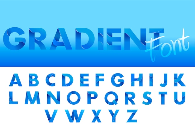 Blauer Alphabet-Schrifttyp der dekorativen Steigung. Buchstaben für Logo und Designtypographie.