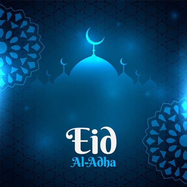 Blauer eid al adha leuchtender Hintergrund mit Moscheenform