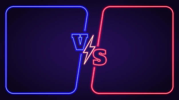 Blauer gegen roter teamkampf-neonhintergrund mit leuchtenden rahmen. kampfbanner mit versus-symbol und blitz. vektorvorlage für duellwettbewerbe