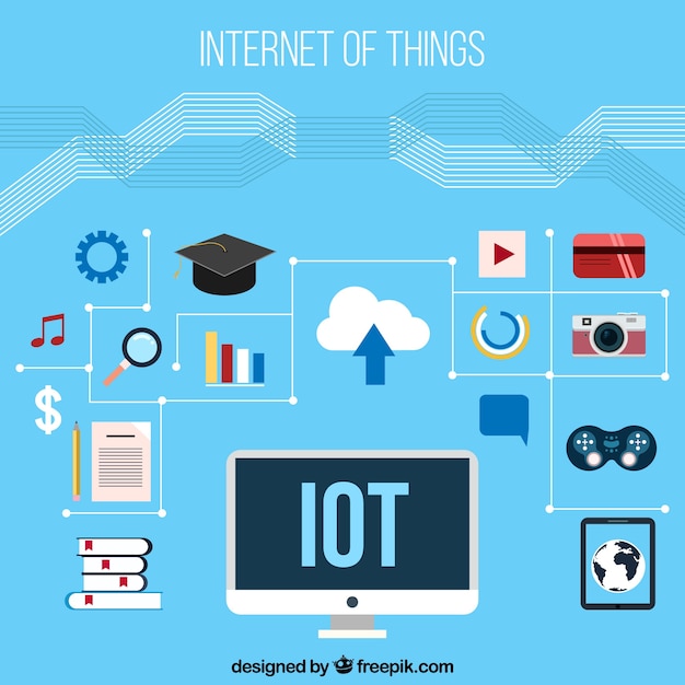 Kostenloser Vektor blauer hintergrund mit elementen der internet-dinge in flachen design