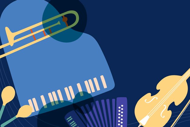 Blauer Retro-Hintergrund, Musikgrenze, Jazzinstrumentenvektor