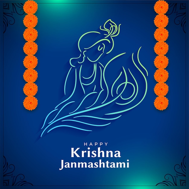 Kostenloser Vektor blaues krishna janmashtami-grußkartendesign im linienstil-vektor