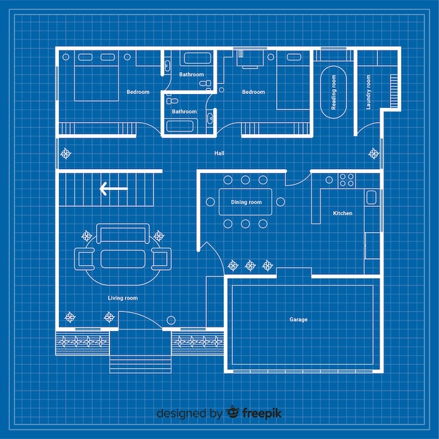 Kostenloser Vektor blaupause eines hauses mit details