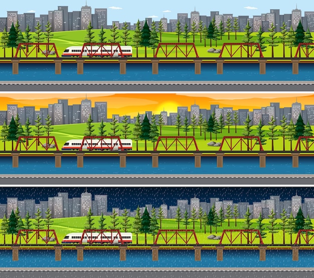 Kostenloser Vektor blick auf die stadt zu verschiedenen zeiten an einem tag