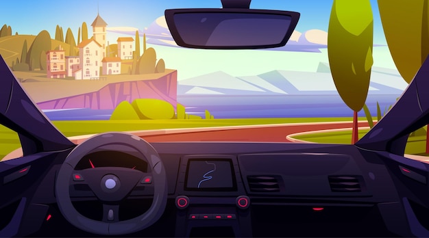 Kostenloser Vektor blick des autofahrers auf die küstenstadt und die berge vektor-cartoon-illustration eines autopanels mit gps-navigationsdisplay am lenkrad, wunderschöne italienische meereslandschaft, gesehen durch die windschutzscheibe, sommerreise