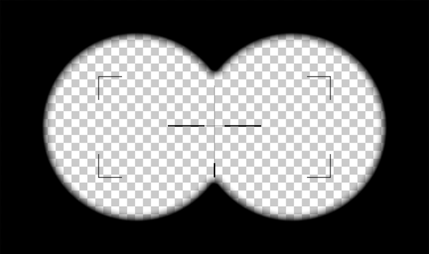 Blick in periskop oder fernglas auf ziel auf schwarzem hintergrund sichtansicht der lookout-vektorillustration optisches fadenkreuz-zoomsymbol optischer sucher in aktion auf transparentem hintergrund