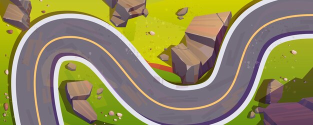 Blick von oben auf die kurvenreiche Autostraße, Bergserpentine. Vektorkarikaturillustration der Luftaufnahme der Sommerlandschaft mit Kurvenasphaltautobahn, grünem Gras und Felsen