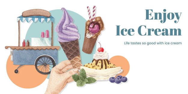 Blog-header-vorlage mit eiscreme-geschmackskonzept im aquarell-stil