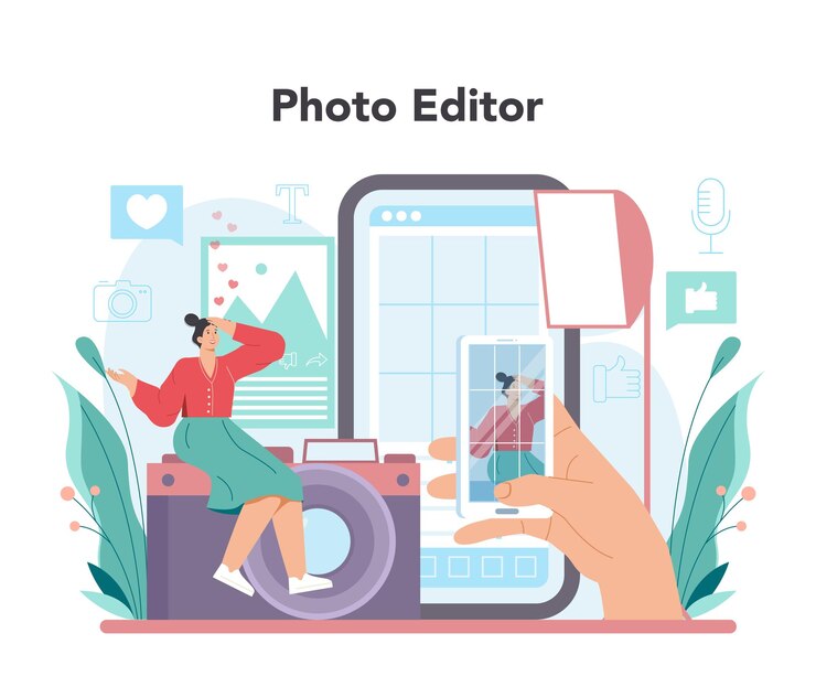 Kostenlose Vektor blogger-onlinedienst oder -plattform teilen von medieninhalten im internet idee von social media und netzwerk online-fotoeditor isolierte flache vektordarstellung