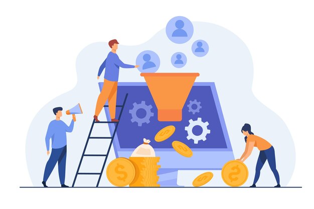 Blogger ziehen Publikum an und bekommen Geld. Influencer, die neue Leads generieren. Karikaturillustration