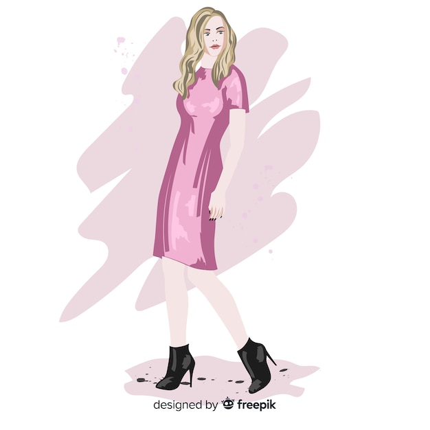 Kostenloser Vektor blondes frauenmodell der mode mit rosa kleid, charakterillustration