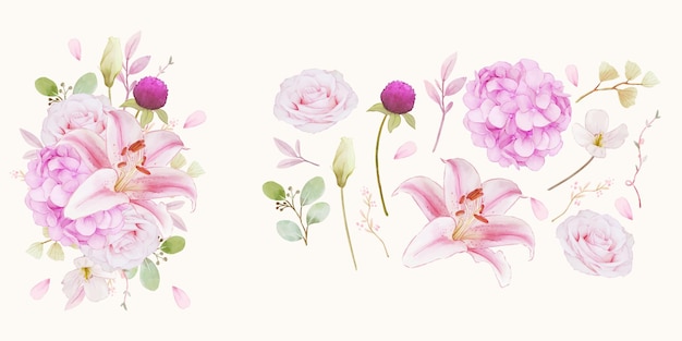 Blumen-clipart von rosa rosen, hortensie und lilie