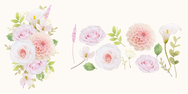 Blumen-ClipArt von rosa Rosen und Dahlie