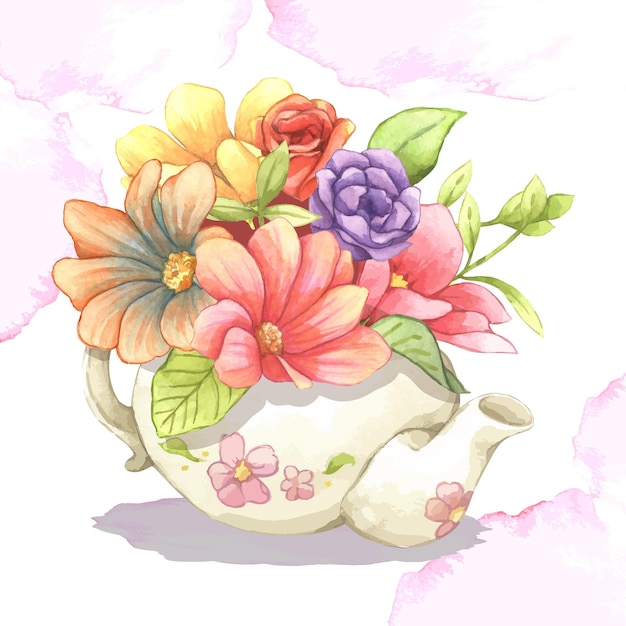Blumen in einer Teekanne. rosa, rot, lila Blumen Kunst Design Elemente Objekt isoliert Lager Vektor-Illustration