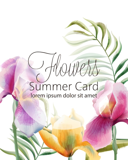 Blumen sommerkarte mit platz für text. irisblüten und tropische blätter