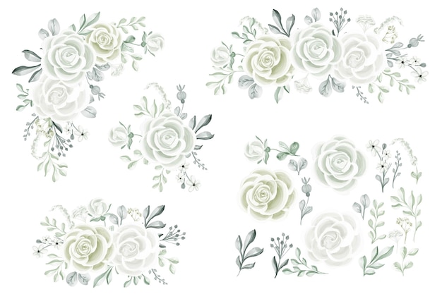 Blumenarrangement mit isolierter rose weiß und blättern grün