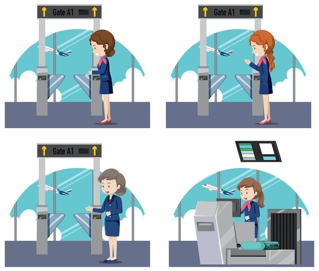 Kostenloser Vektor boarding gate eingang mit bodenpersonal