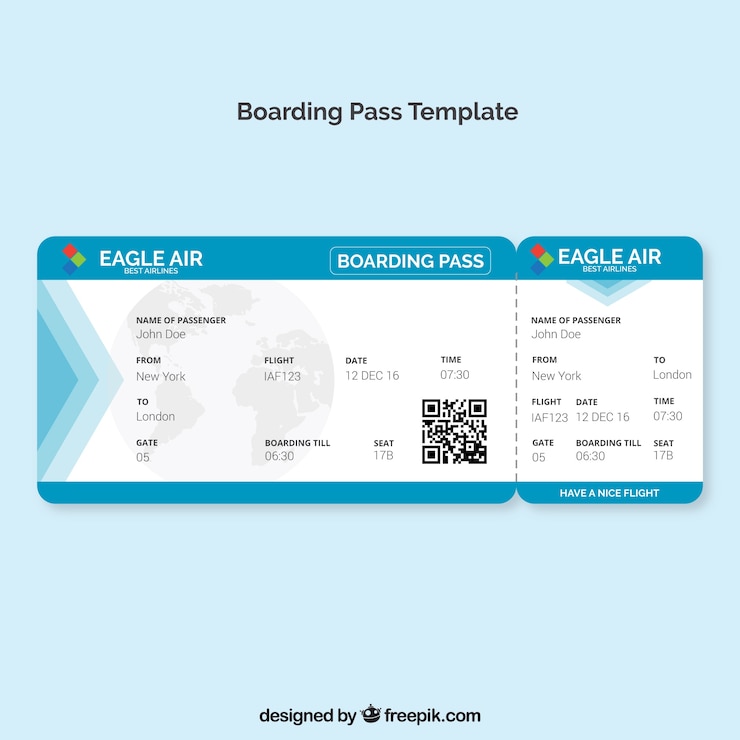 Kostenlose Vektor boarding pass-vorlage mit blauen details