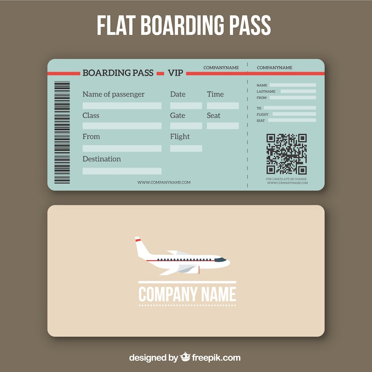 Kostenlose Vektor boarding pass-vorlage mit qr-code in flacher bauform