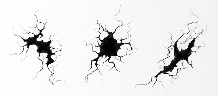 Kostenlose Vektor bodenrisse draufsicht, erdbeben rissige löcher, zerstörte landoberfläche zerquetschte textur. zerstörung, spaltung, schaden fissureneffekt nach katastrophe isoliert auf transparentem hintergrund. realistischer 3d vektor