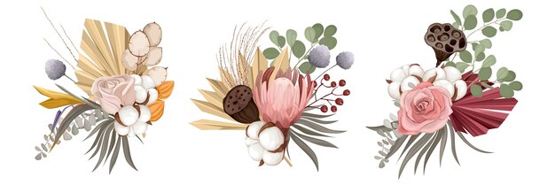 Boho getrocknete Blumensträuße mit einer Komposition aus drei isolierten Sträußen mit Wildblumen und Hausmaisillustration