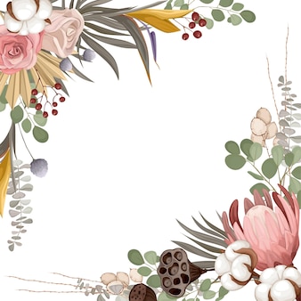 Boho trockenblumenkomposition mit leerem raum, umgeben von frischen blättern und blumen mit reifen blättern illustration