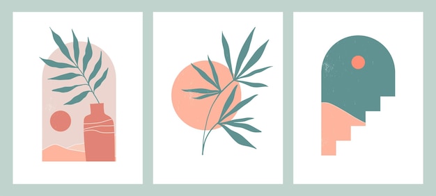 Boho-wanddekor-poster-set. moderne minimalistische drucke aus der mitte des jahrhunderts in natürlichen farben. abstrakte ästhetische landschaft in einem bogen mit wüste, sonnenuntergang oder mond, palmzweig, treppe. design für abdeckung.
