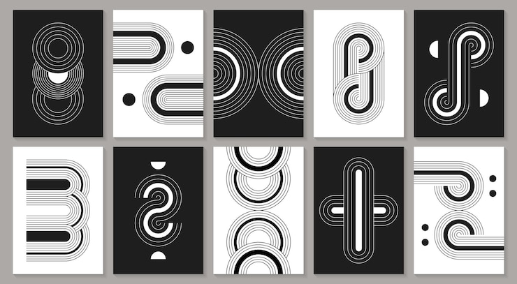 Kostenlose Vektor boho-zen-bogenplakate mit abstrakten linearen geometrischen formen, streifen und einfachen linien