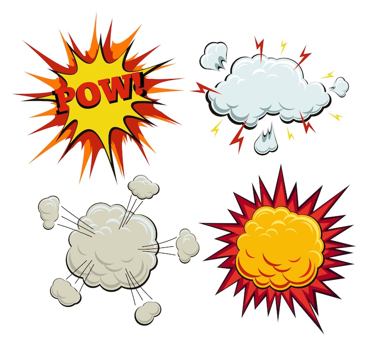 Kostenlose Vektor boom, explosion und pow im comic-stil