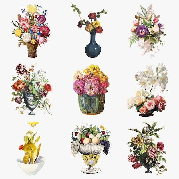 Kostenloser Vektor botanischer illustrationssatz der weinleseblumen