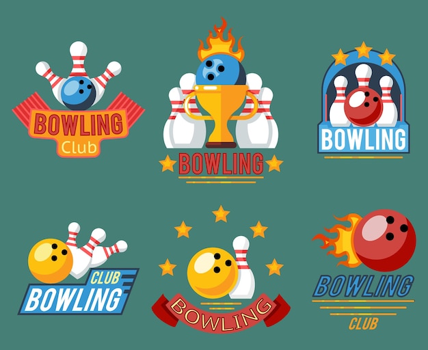 Kostenloser Vektor bowling-embleme und bowling-spieletiketten-sets