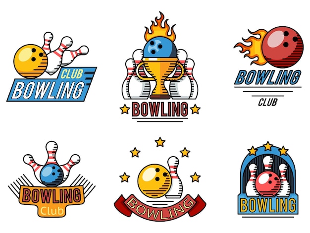 Kostenloser Vektor bowling-logos, etiketten oder abzeichen im flat-line-stil.