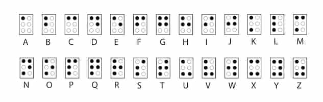 Kostenloser Vektor braille-alphabet. abc für sehbehinderte blinde menschen. braille-buchstabe als punkt. vektorillustration in schwarzweiss.