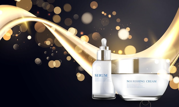 Branding-produkte kosmetische tube pack of cream abstraktes weißes goldhintergrundplakatschönheit mit dynamik. Premium Vektoren