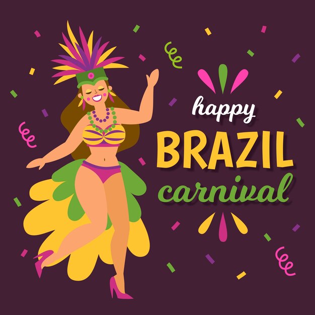 Brasilianischer karneval des flachen designs mit frau und konfettis