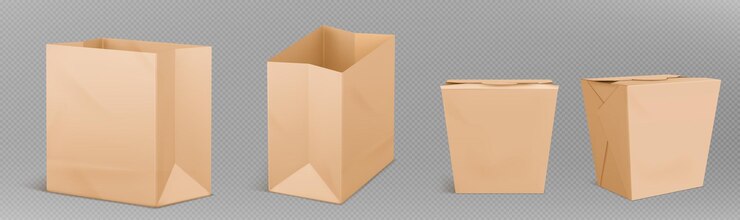 Kostenlose Vektor braune lunch-papiertüte, isoliertes vektor-mockup-symbol, 3d-handwerk, fast-food-paket-design-vorlage, realistische kraft-mahlzeit oder snack-paket-textur für restaurant oder geschäft, süßigkeiten-recycling-behälter zum kaufen