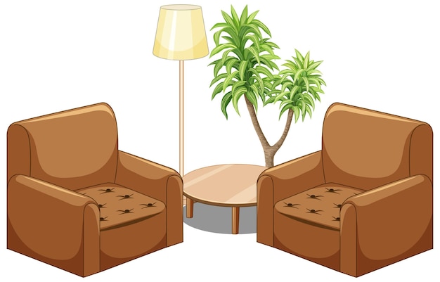 Kostenloser Vektor braune sofamöbel mit lampe und baum lokalisiert auf weißem hintergrund