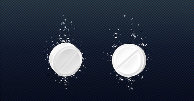 Kostenloser Vektor brausetablette mit aspirin und unterwasserblase. kohlensäurehaltiges weißes medizinvitamin isoliert auf transparentem hintergrund. paracetamol-dosis funkelnde pharmazeutische lösung von migräne zum trinken