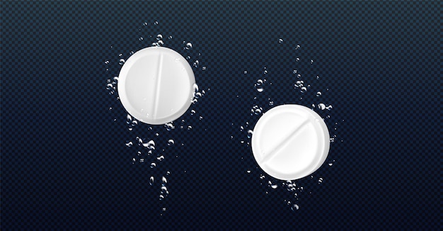Kostenloser Vektor brausetabletten mit aspirin oder anderen medikamenten fallen unter wasser, lösen sich auf und bilden blasen. realistische vektorillustration von zwei weißen, runden, löslichen pharmazeutischen pillen oder medikamenten, die sprudeln und spritzen