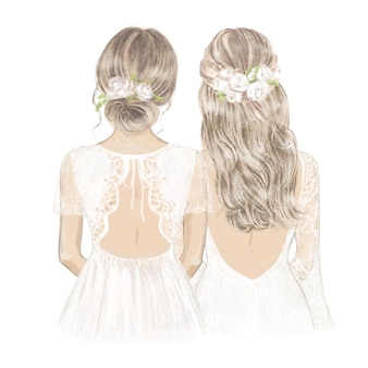 Braut und brautjungfer mit weißen rosen im haar handgezeichnete illustration