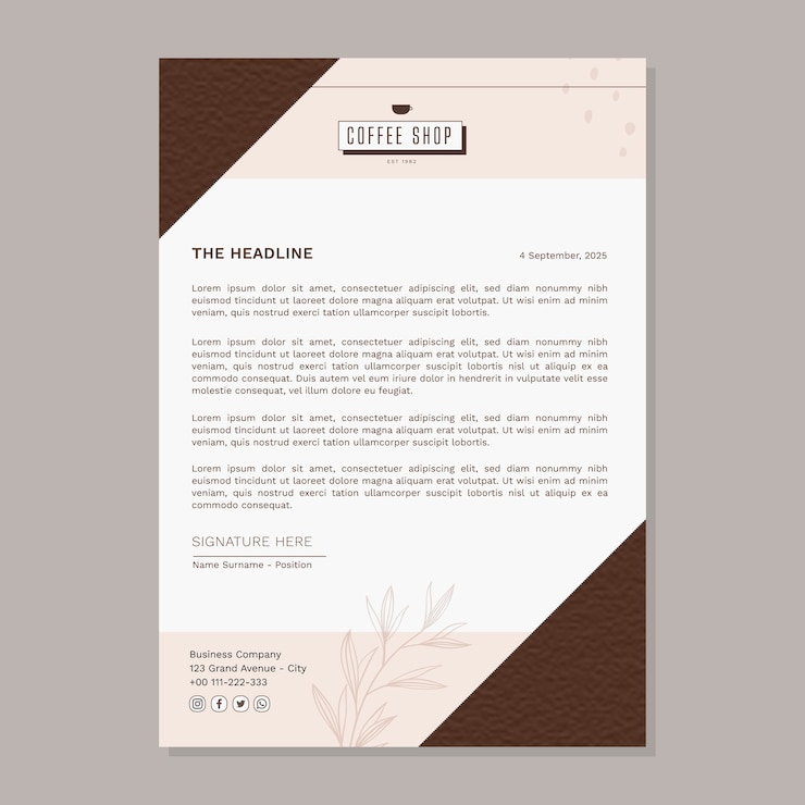 Kostenlose Vektor briefkopfschablone des flachen designs minimale kaffeestube