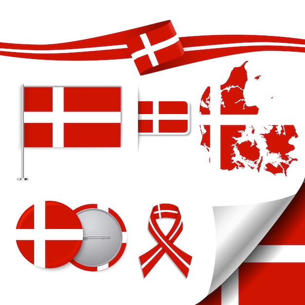 Briefpapier-elemente sammlung mit der flagge von dänemark design