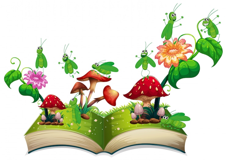 Kostenlose Vektor buch mit heuschrecke und pilz