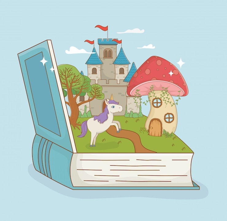 Kostenlose Vektor buch offen mit märchenschloss und einhorn