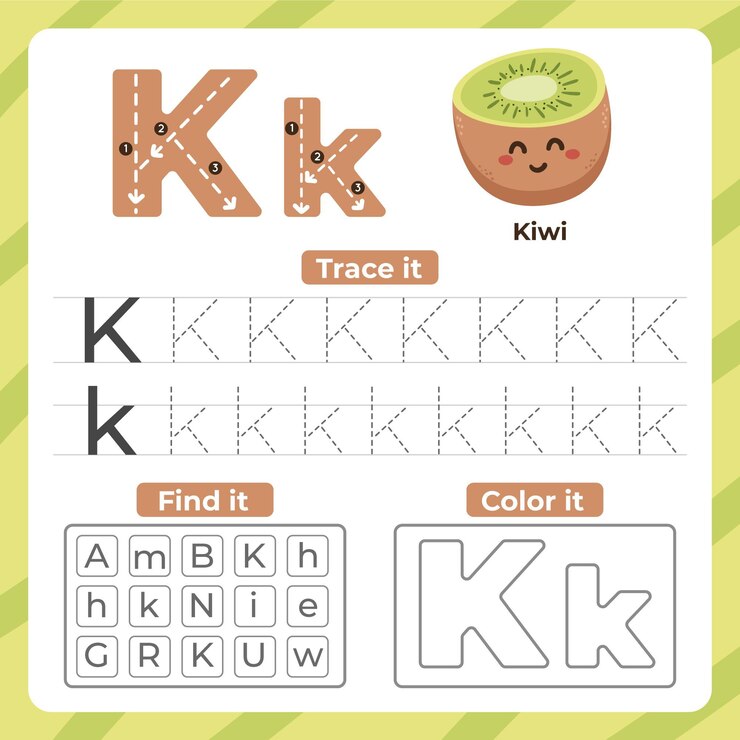 Kostenlose Vektor buchstabe k arbeitsblatt mit kiwi