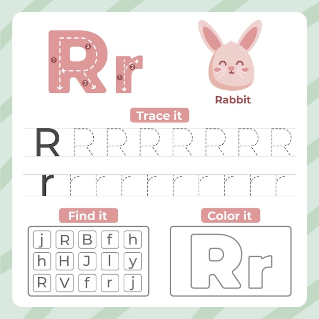 Kostenloser Vektor buchstabe r arbeitsblatt mit kaninchen