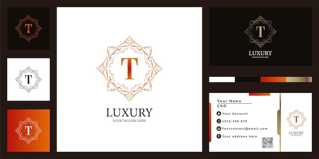 Buchstabe t luxus ornament blumenrahmen logo template design mit visitenkarte.